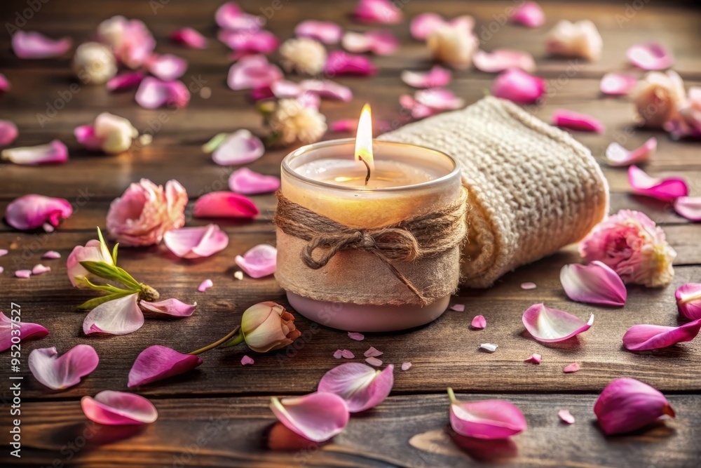 Soothing aromatherapy setup featuring a decorative wrap, a few scattered petals, and a delicate candle, evoking feelings of relaxation and serenity. Soothing aromatherapy setup featuring a decorative wrap, a few scattered petals, and a delicate candle, evoking feelings of relaxation and serenity.