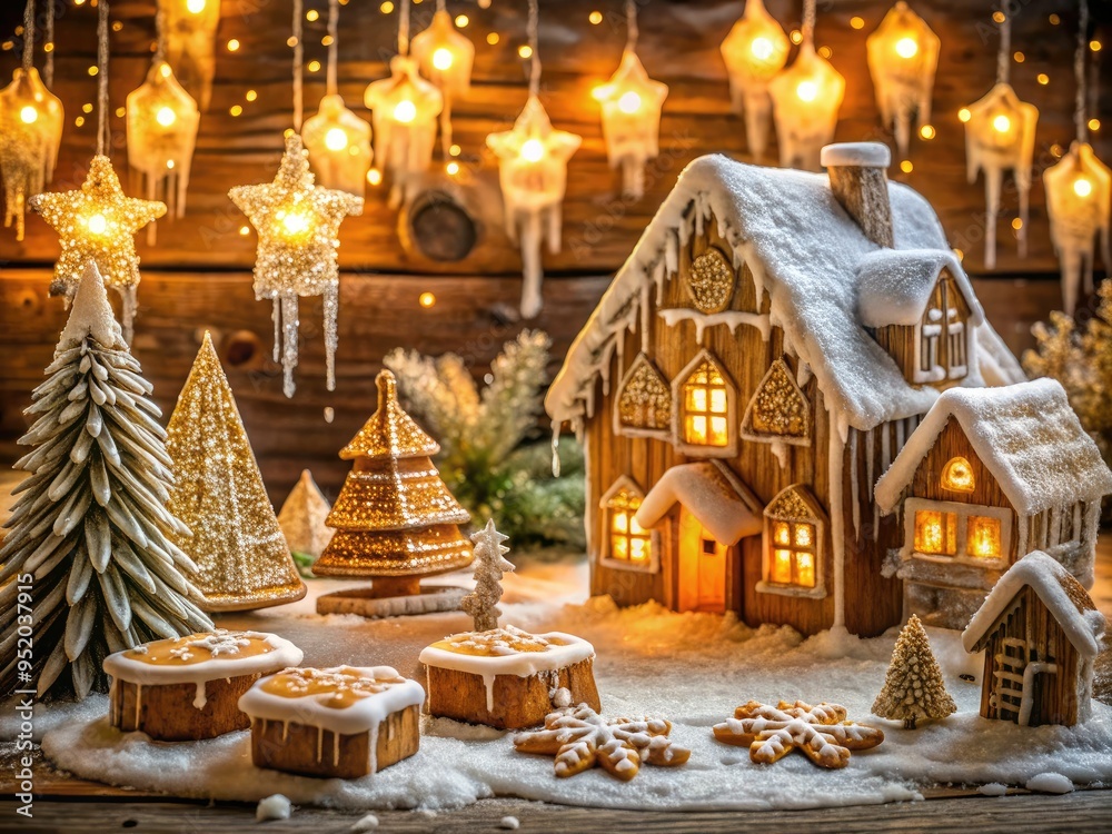 whimsical winter wonderland scene snowy village frosted gingerbread cookies sparkling icicles twinkling lights rustic wooden table festive holiday decorations warm golden lighting whimsical winter wonderland scene snowy village frosted gingerbread cookies sparkling icicles twinkling lights rustic wooden table festive holiday decorations warm golden lighting