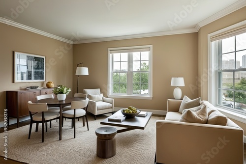 Airy Beige Living Space Featuring a Dining Area and Comfortable Seating by a Window