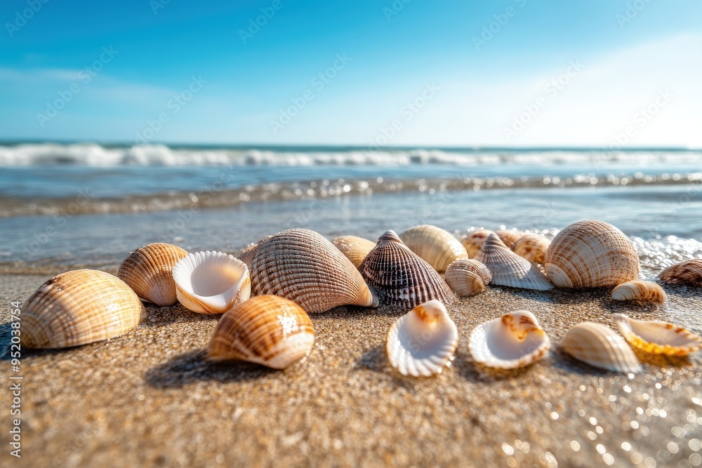 Gorgeous seashells carefully arranged along the beach shore with the sunlit ocean waves in the background, showcasing the serene and natural beauty of coastal landscapes.