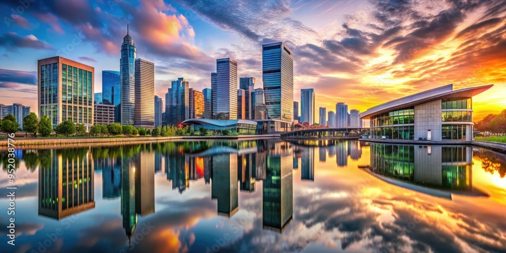 Obraz premium cityscape lake nona urban modern architecture sleek contemporary lines dynamic movement futuristic vibe vibrant bold colors