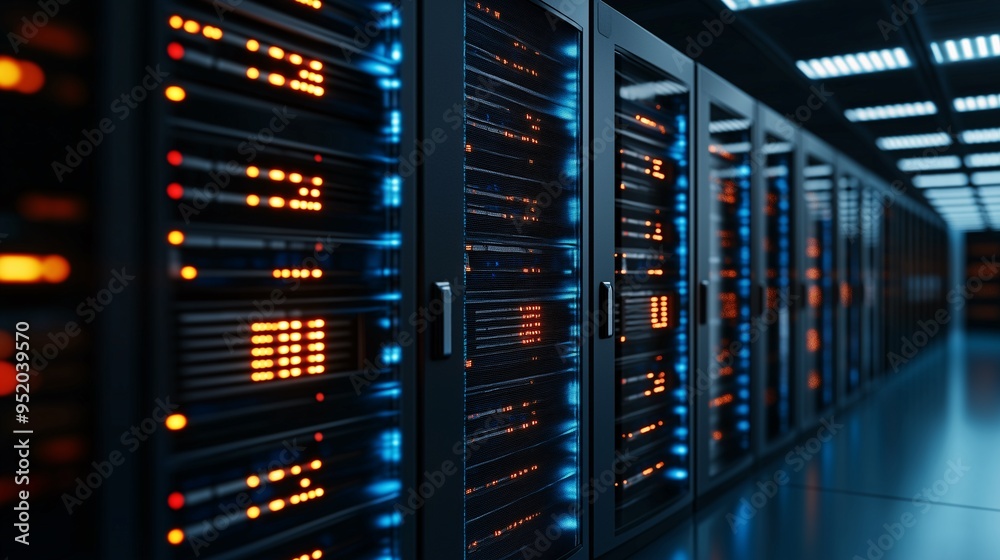 Digital Brain of the Future: Rows of powerful servers hum with activity, their glowing lights illuminating the data center's sleek corridor. Digital Brain of the Future: Rows of powerful servers hum with activity, their glowing lights illuminating the data center's sleek corridor.