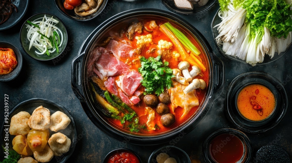 A top-down view of a hot pot filled with simmering broth, sliced meat, vegetables, and mushrooms, arranged around the pot with dipping sauces and garnishes. A top-down view of a hot pot filled with simmering broth, sliced meat, vegetables, and mushrooms, arranged around the pot with dipping sauces and garnishes.