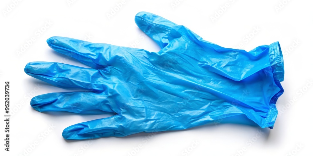 A blue disposable glove stands alone on a crisp white background, its texture and ridges visible against the clean contrast. A blue disposable glove stands alone on a crisp white background, its texture and ridges visible against the clean contrast.