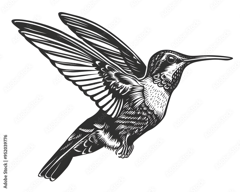 Fototapeta premium Hummingbird full aggressive expression black and white illustration