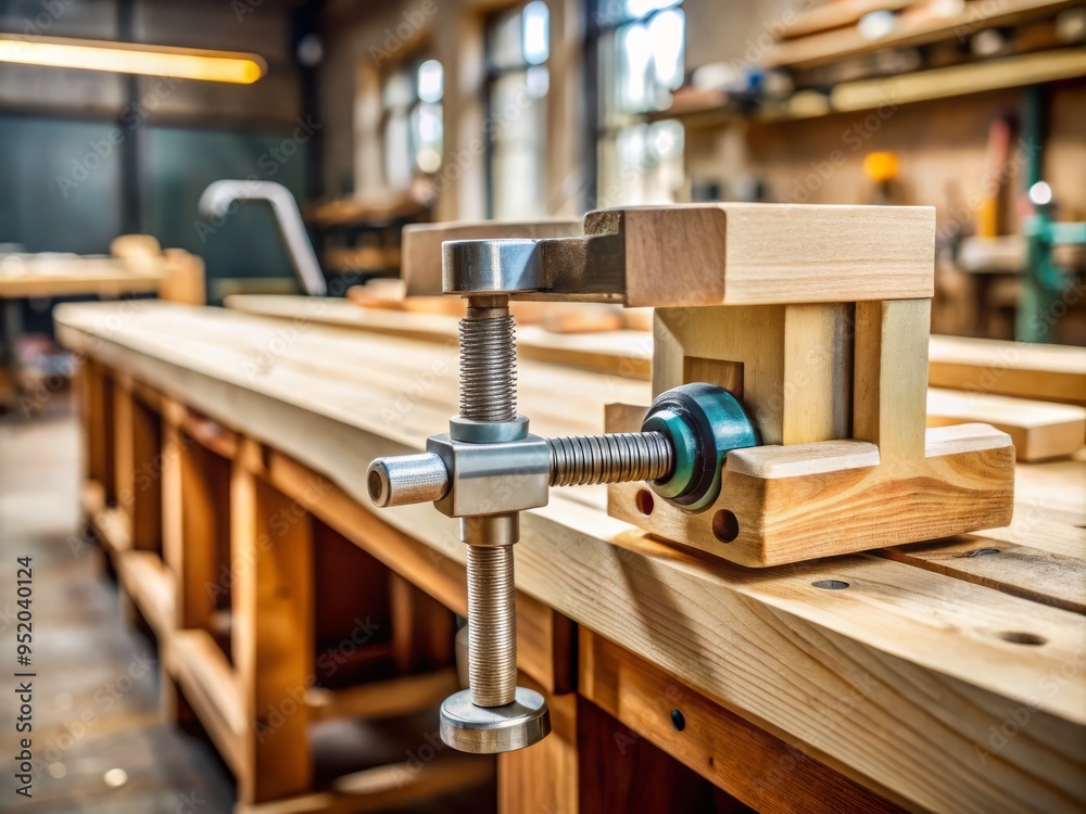 High-angled shot of a quick release vise clamping a wooden workpiece, with a blurred workshop background to emphasize the product. High-angled shot of a quick release vise clamping a wooden workpiece, with a blurred workshop background to emphasize the product.