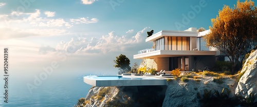 Modern cliffside home with infinity pool overlooking the ocean. photo