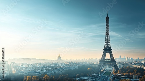 Eiffel Tower prominently positioned in a wide shot of Paris, highlighting the landmark amid the cityâ€™s bustling atmosphere photo