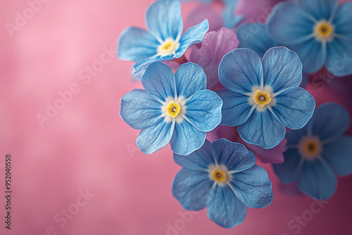 A detailed view of a cluster of forget-me-nots with tiny blue blooms and bright yellow centers, isolated on a pastel pink background,