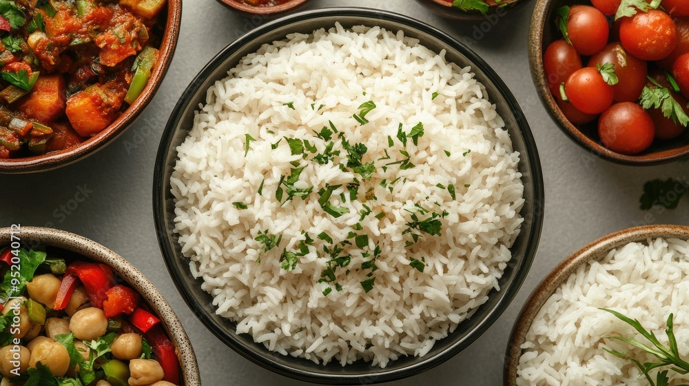 A top-down view of a steaming bowl of rice served with a variety of colorful side dishes, emphasizing the freshness and warmth of the rice in a vibrant meal setup. A top-down view of a steaming bowl of rice served with a variety of colorful side dishes, emphasizing the freshness and warmth of the rice in a vibrant meal setup.