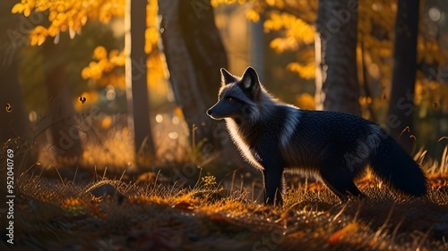 As the leaves crunch under its paws, a black silver fox explores the enchanting autumn forest, its inquisitive eyes taking in every detail.
