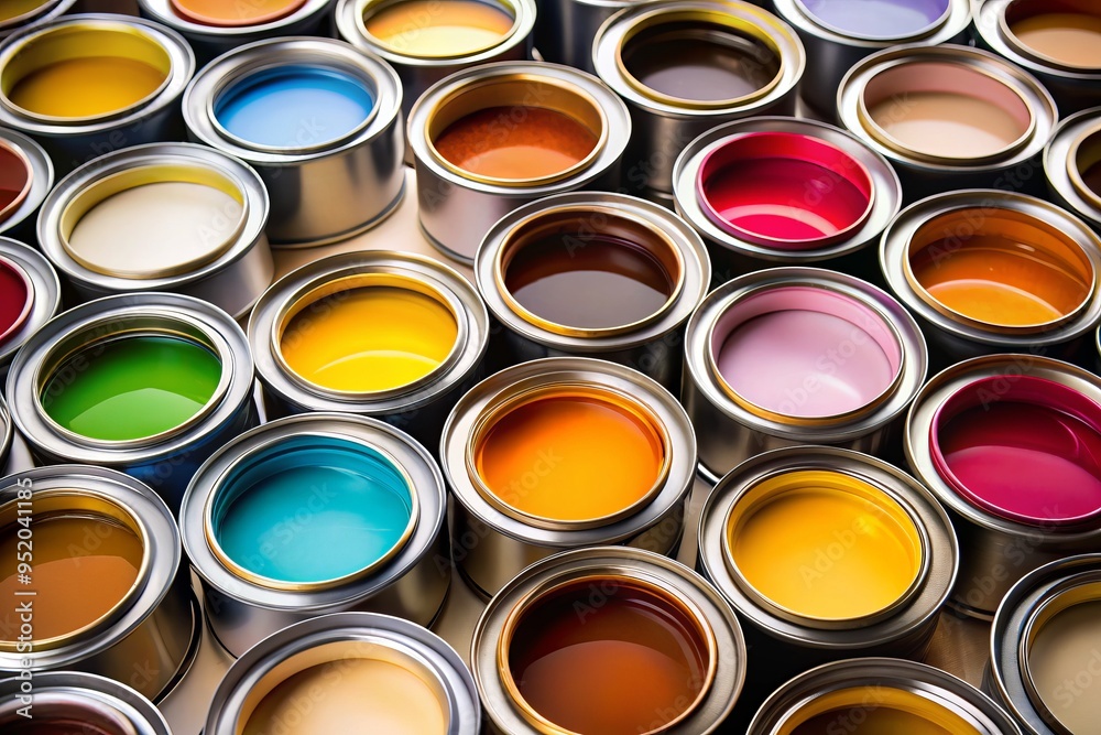 a photo image of a close-up shot of various paint cans, including latex, enamel, and primer, with labels removed a photo image of a close-up shot of various paint cans, including latex, enamel, and primer, with labels removed