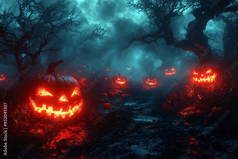 Naklejka premium A dramatic Halloween scene featuring glowing pumpkins, eerie trees, and a gloomy atmosphere, perfect for Halloween-themed designs with copy space.