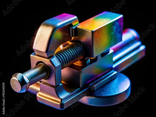 A highly detailed macro shot of the workbench vise's jaws, with a chromatic aberration effect to enhance the colors and the metallic sheen