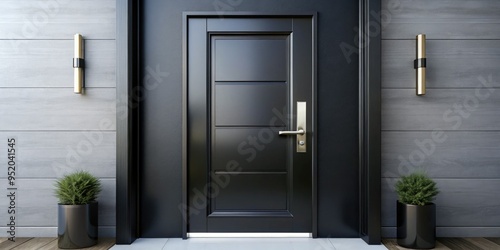 modern minimalist sleek black front door with metallic handle clip art in high contrast black and white tones exuding sophisticated luxurious feel