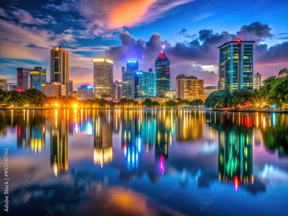 Nighttime cityscape with neon lights and reflections on Lake Tohopekaliga's still waters Nighttime cityscape with neon lights and reflections on Lake Tohopekaliga's still waters