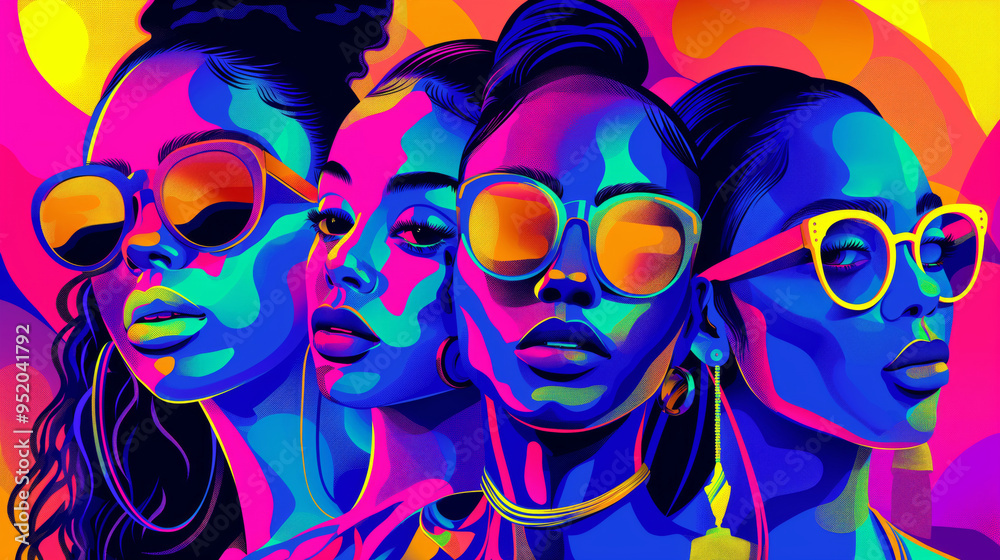 Vector Art of Diverse Women in Vibrant Rainbow Colors Wearing Sunglasses Vector Art of Diverse Women in Vibrant Rainbow Colors Wearing Sunglasses