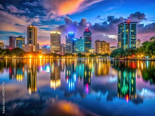 Nighttime cityscape with neon lights and reflections on Lake Tohopekaliga's still waters photo