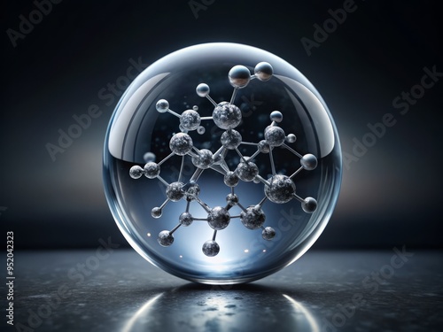 A minimalist composition of a single lactase enzyme molecule suspended in a sphere of glassy ice, set against a dark gray background to create a striking, futuristic visual.
