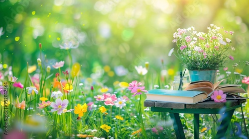 A lively garden filled with flowers and a small table with books photo