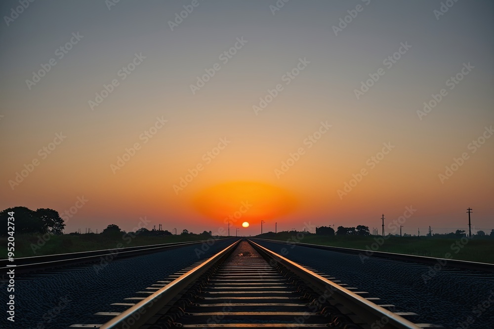 Fototapeta premium Silhouette of Train Tracks Against a Sunset Horizon