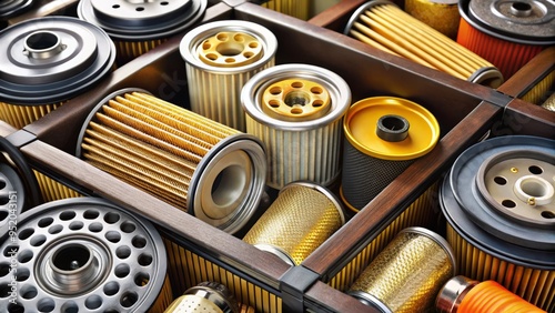 "A photo image of a collection of oil filters with various labels and caps in a organized and cluttered storage box"