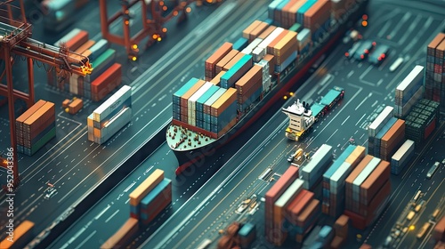 Concept of smart logistics and transportation network. Container cargo ship and trucks showcasing advanced distribution