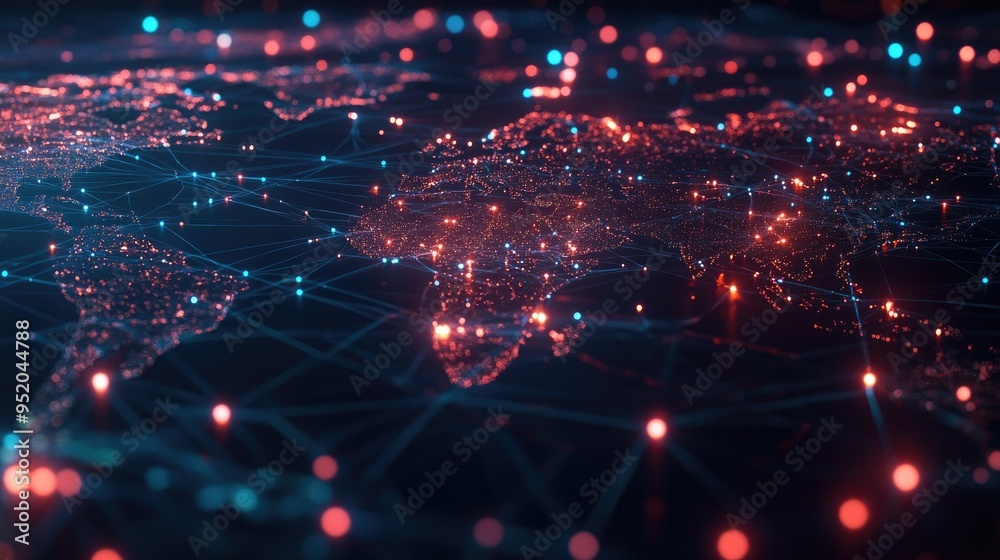 Obraz premium Interface showing global technology connections with a web of interconnected nodes and data. Visualization of worldwide digital contact networks and web technology.