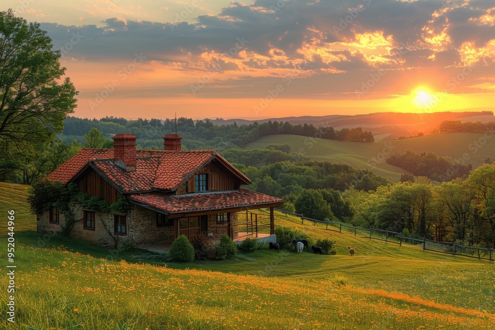 Sunset over a rural house with a red roof and a red tiled roof Sunset over a rural house with a red roof and a red tiled roof