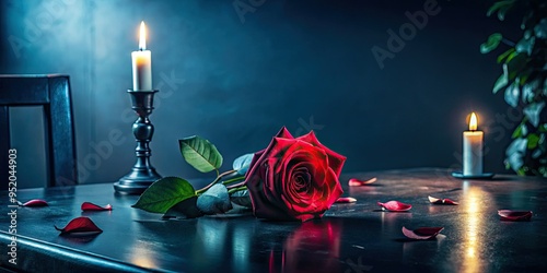 moody filmnoir darkacademia mysteriousdeep redrose petals scattered precariously across sleekblack table amidst dimbluegraylight flickeringcandles midnight StudyBreak photo