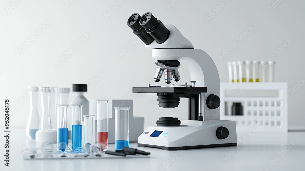 Modern microscope isolated on white, with laboratory test tubes and scientific equipment nearby. Ideal for biochemistry, medical research, and science-themed visuals. Modern microscope isolated on white, with laboratory test tubes and scientific equipment nearby. Ideal for biochemistry, medical research, and science-themed visuals.