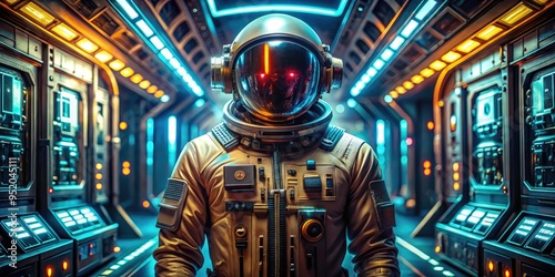 retro-futuristic neon-lit jersey-inspired astronaut suit standing in front of iconic spaceship control panel with metallic reflections