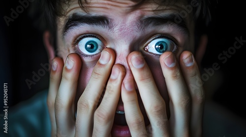 21. A young adult expressing shock with hands covering their face and wide eyes