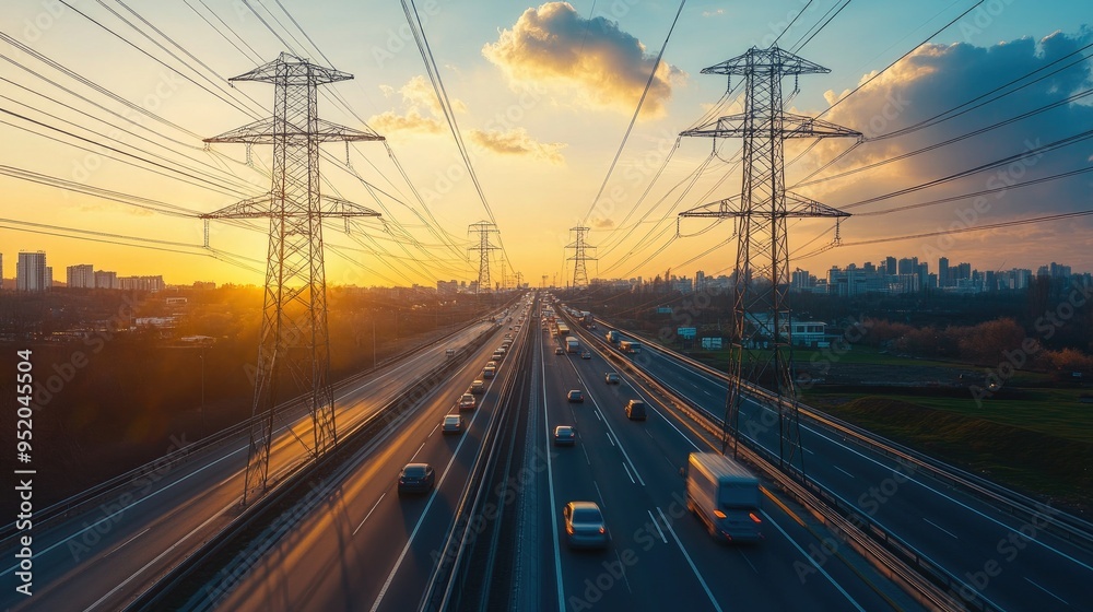 Power lines running parallel across a highway, with vehicles passing underneath, illustrating the integration of electrical infrastructure in modern transportation.