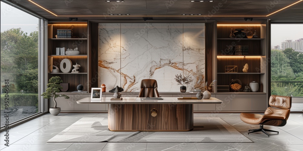 A luxurious and modern office setup featuring a sleek wooden desk, comfortable leather chair, elegant marble backdrop, and abundant natural lighting from large windows A luxurious and modern office setup featuring a sleek wooden desk, comfortable leather chair, elegant marble backdrop, and abundant natural lighting from large windows
