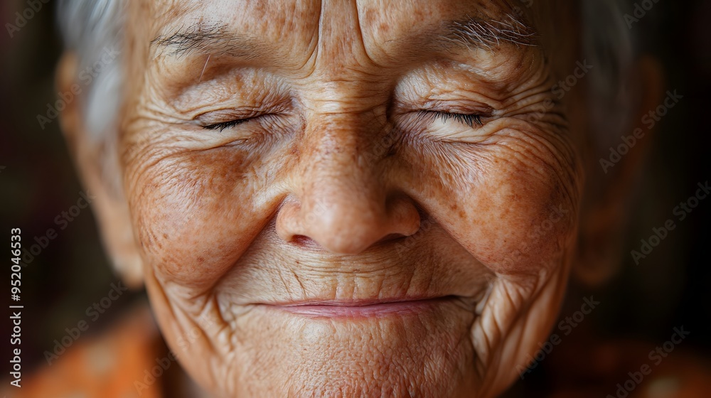 23. An elderly person conveying serenity with a peaceful smile and closed eyes