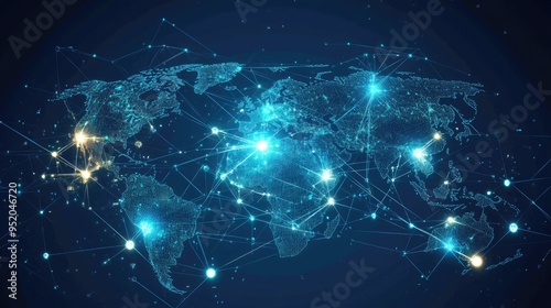 Web technology connections interface with a global network map. Digital links and nodes represent global contacts and technological integration across regions.