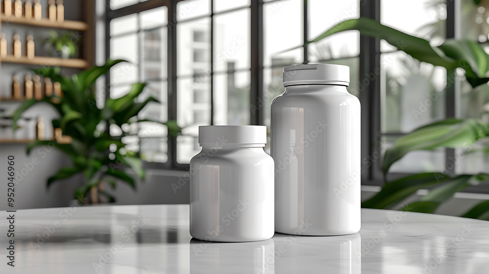 Two white pill bottles sit on a marble table, showcasing a clean and modern aesthetic. Two white pill bottles sit on a marble table, showcasing a clean and modern aesthetic.