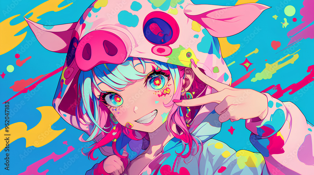 cute pig character wearing anime onesie costume, anime style, cute kawaii, simple, smiling happy. neon psychedelic background cute pig character wearing anime onesie costume, anime style, cute kawaii, simple, smiling happy. neon psychedelic background