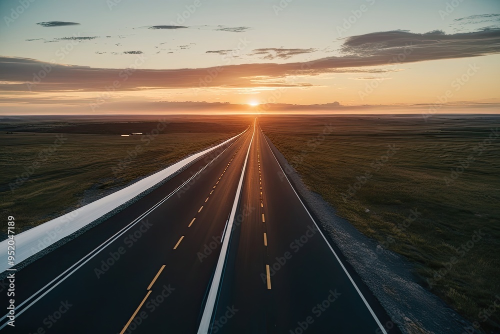 Fototapeta premium Vast Route Through Expansive Landscape with Open Sky and Evening Sunlight