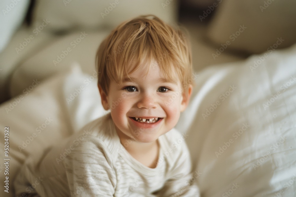 A happy toddler with blonde hair, dressed in a light-colored outfit, smiles brightly while sitting on a cozy white bed, surrounded by soft cushions.