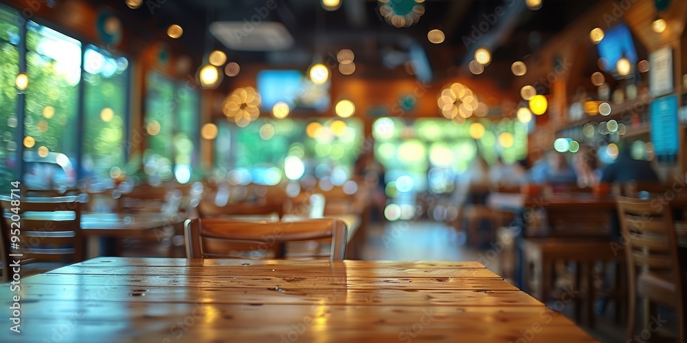 A beautifully lit and amicable restaurant setting shows an inviting wooden table and chairs focused in the foreground, with blurred patrons and warm ambient light A beautifully lit and amicable restaurant setting shows an inviting wooden table and chairs focused in the foreground, with blurred patrons and warm ambient light
