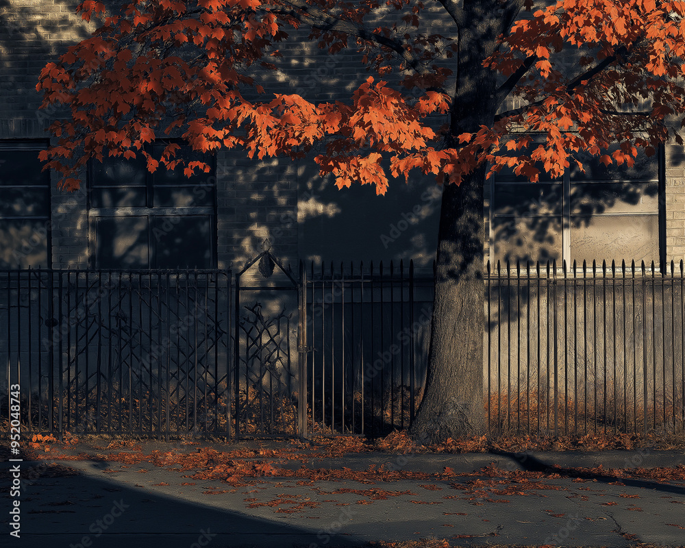 Obraz premium A maple tree standing side of school back yard and steel gate, three story large shadow little dark but beautiful