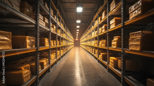 Cheese Production Corridor with Shelves Filled with Cheeses