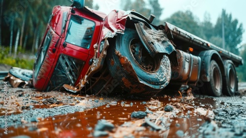 Truck Rollover: After navigating a turn too quickly, a large truck flipped onto its side, spilling cargo all over the road.
 photo