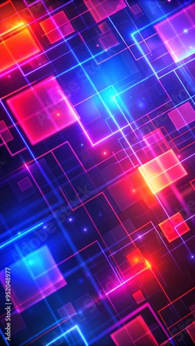 A dynamic and vibrant digital artwork featuring an array of neon-colored rectangles and squares in various sizes, overlaying a dark grid-like background.