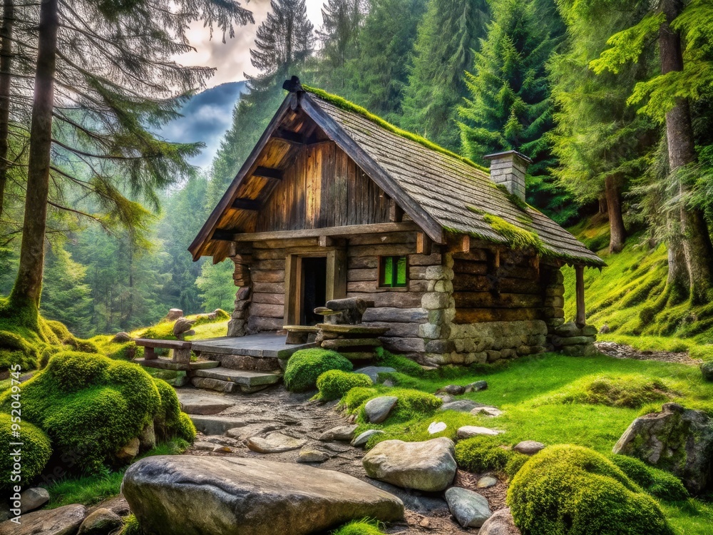 Rustic wooden cabin surrounded by lush greenery with rough-hewn logs and moss-covered stones in soft natural light with a serene and peaceful atmosphere Rustic wooden cabin surrounded by lush greenery with rough-hewn logs and moss-covered stones in soft natural light with a serene and peaceful atmosphere