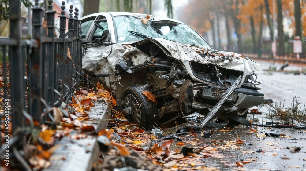 Obraz premium Drunk Driving Crash: Driver intoxicated lost control, smashing through a fence and striking a tree, causing extensive damage to the front of the car. 