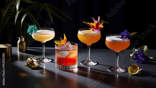 Exotic tasty alcoholic cocktails on dark background