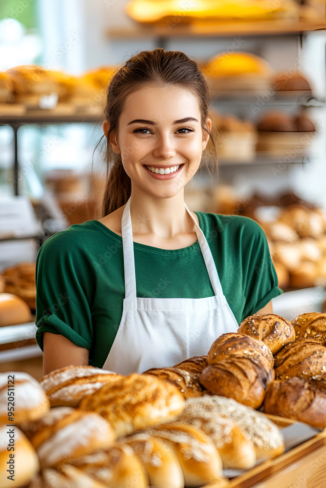 Young Caucasian woman in green uniform happily selling assorted fresh bread in a modern bakery. Small business, customer service, bakery concept. Young Caucasian woman in green uniform happily selling assorted fresh bread in a modern bakery. Small business, customer service, bakery concept.